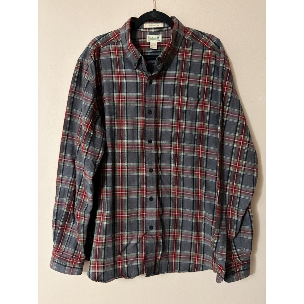 L.L. Bean Men's XL -Reg Traditional Fit Scotch Plaid Flannel Gray‎ Red 22801